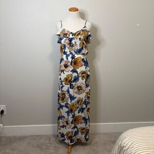 Everly Floral Long Maxi Dress‎ Ruffle Shoulder Summer White - Medium